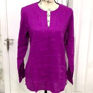 🆕 RALPH LAUREN Magenta Linen Long Sleeves Top Split Neckline